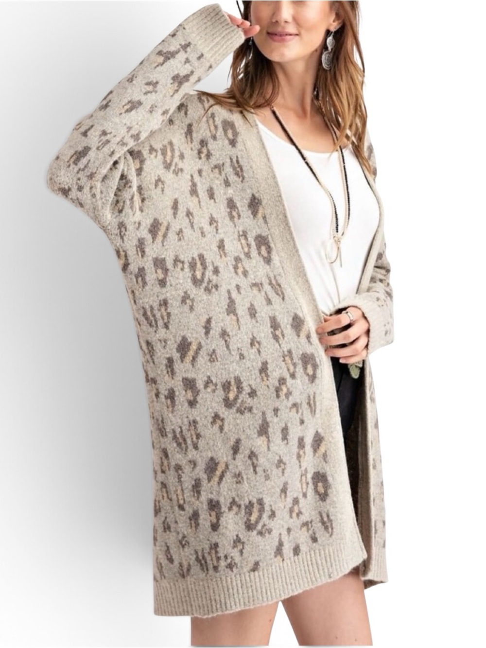 New Easel Leopard Knit Pattern Open Front Long Cardigan Sweater Gray Women Small - Picture 3 of 14